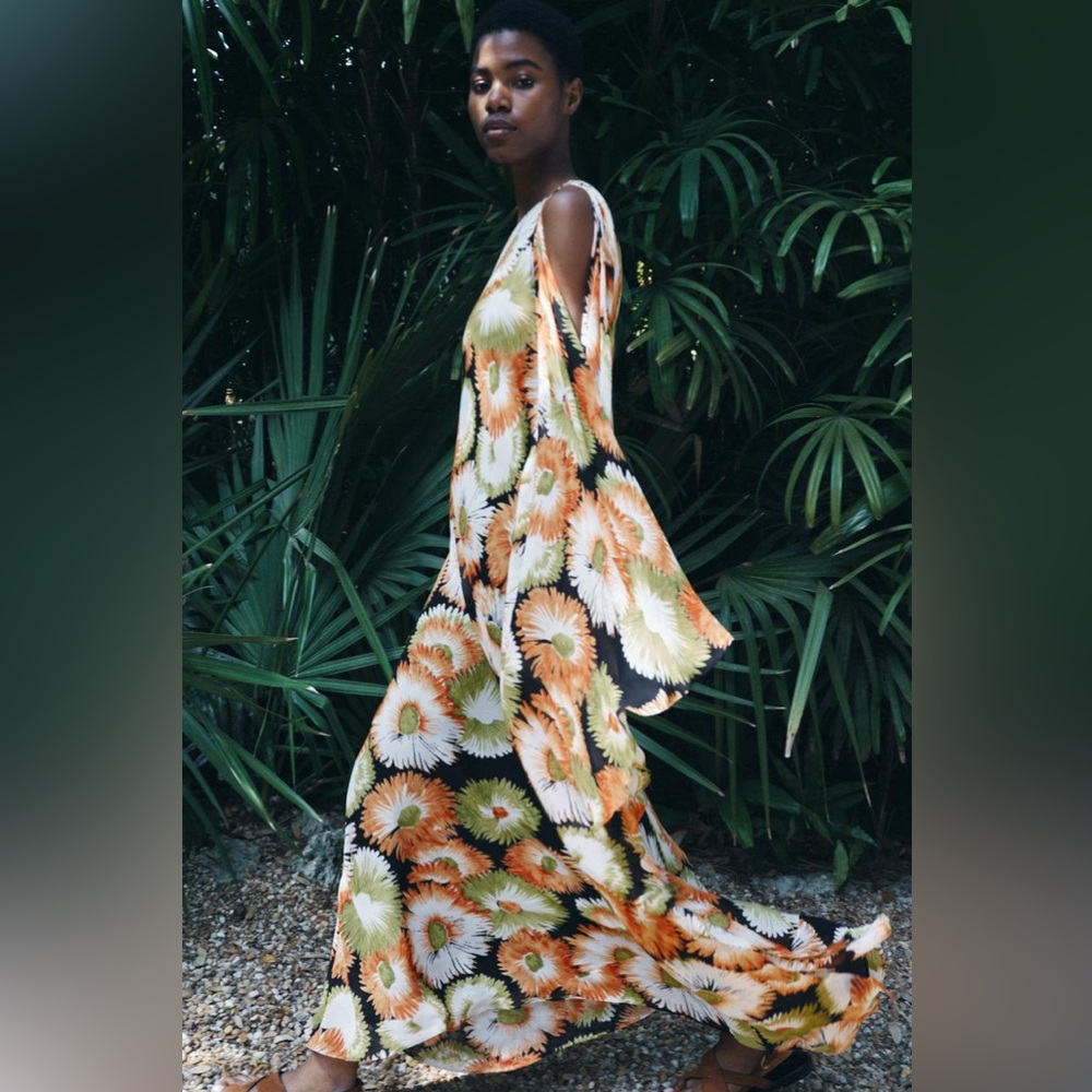 Zara Black Maxi Dress with Orange and Cream Floral Print